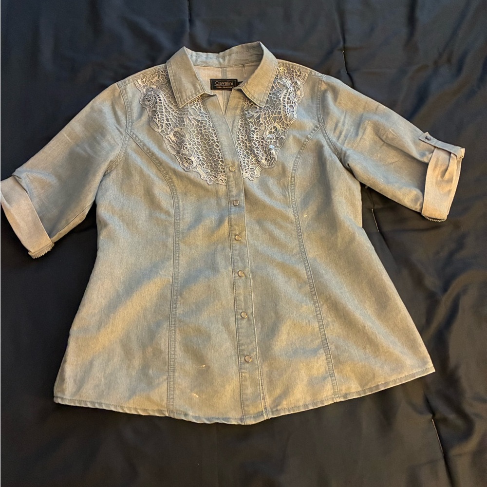 Cavalini Light Blue Denim Button-Front Top with Lace detail - New No Tags